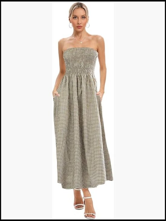 Dresses & Skirts - 100% Cotton Strapless Maxi Dress with Pockets, Boho Swing Hem
